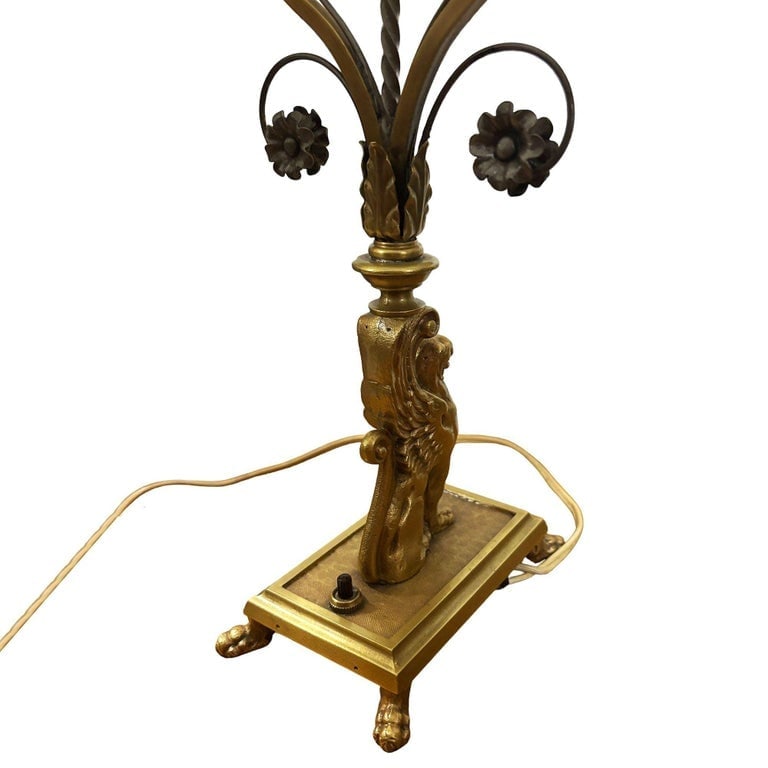 1930 Hollywood Regency Cast Bronze Scrolling Griffin Table Lamp w/ Lamp Shade - 10