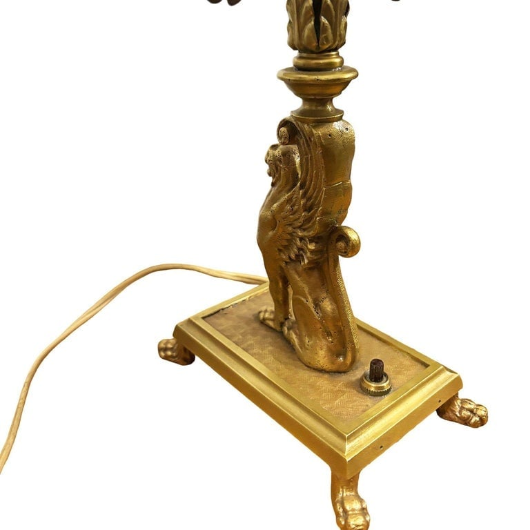 1930 Hollywood Regency Cast Bronze Scrolling Griffin Table Lamp w/ Lamp Shade - 11