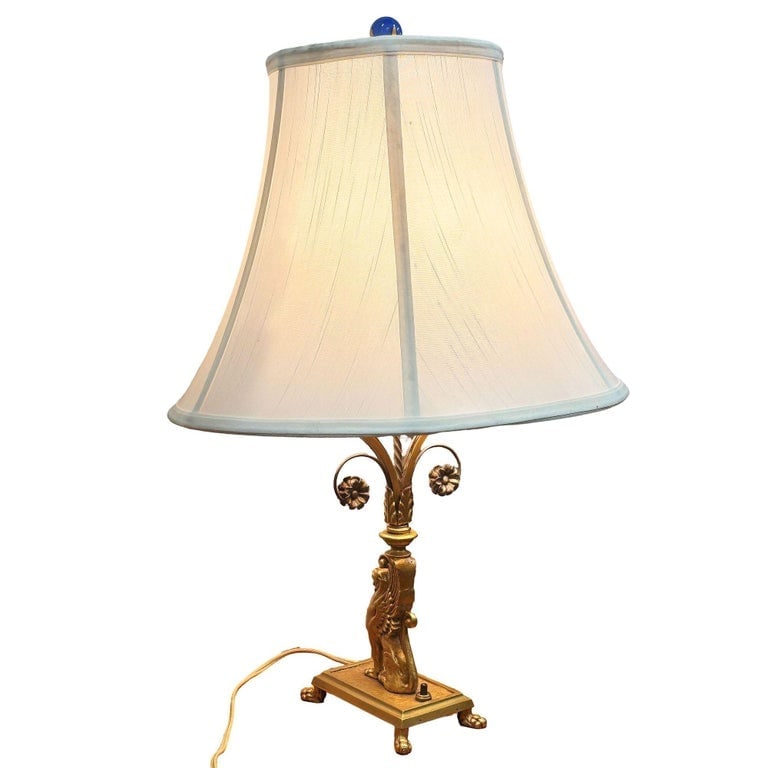 1930 Hollywood Regency Cast Bronze Scrolling Griffin Table Lamp w/ Lamp Shade - 2