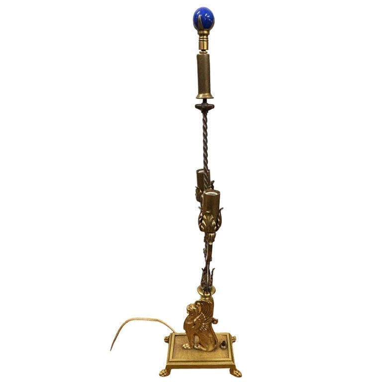 1930 Hollywood Regency Cast Bronze Scrolling Griffin Table Lamp w/ Lamp Shade - 9