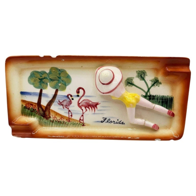 Mid-century Hand Painted 3D Women on Florida Beach Ceramic Ashtray (1 of 7)
