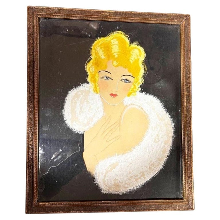 1920 Female Glamour Flapper Portrait Pastel on Black Paper, Framed (1 of 8)