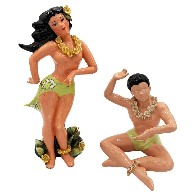 Mid-Century Hawaiian Hand Painted Hula Girl and Surfer Male Ceramic Statue, Pair - 2