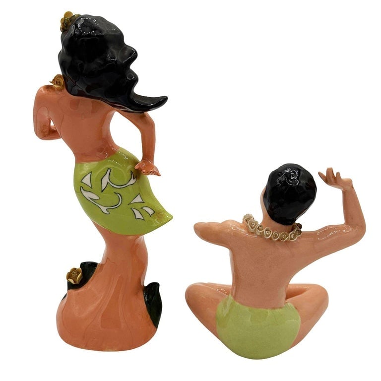 Mid-Century Hawaiian Hand Painted Hula Girl and Surfer Male Ceramic Statue, Pair - 3