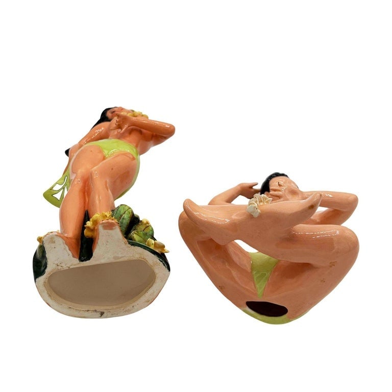 Mid-Century Hawaiian Hand Painted Hula Girl and Surfer Male Ceramic Statue, Pair - 4