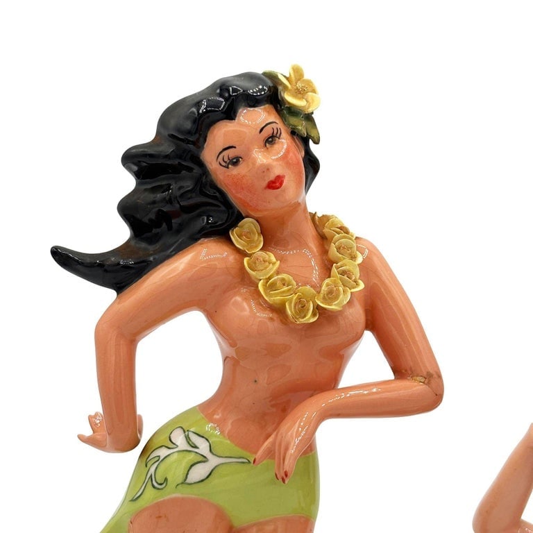 Mid-Century Hawaiian Hand Painted Hula Girl and Surfer Male Ceramic Statue, Pair - 5