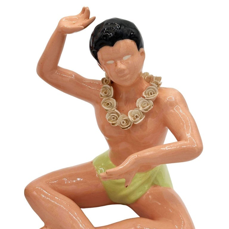 Mid-Century Hawaiian Hand Painted Hula Girl and Surfer Male Ceramic Statue, Pair - 6