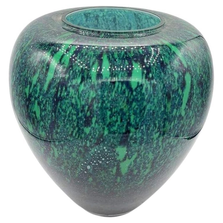 Large Hand-Blown Blue and Emerald Marbled Leaded Art Glass Vase, Unisgned (1 of 6)