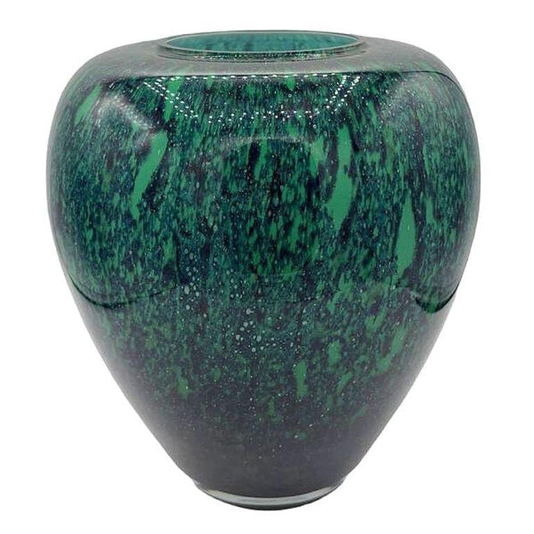Large Hand-Blown Blue and Emerald Marbled Leaded Art Glass Vase, Unisgned - 2