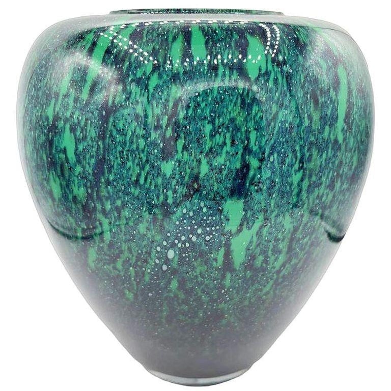 Large Hand-Blown Blue and Emerald Marbled Leaded Art Glass Vase, Unisgned - 3