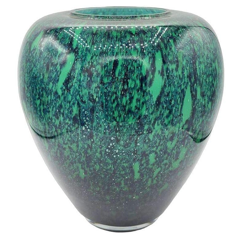 Large Hand-Blown Blue and Emerald Marbled Leaded Art Glass Vase, Unisgned - 4