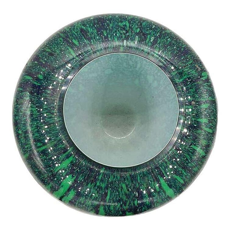 Large Hand-Blown Blue and Emerald Marbled Leaded Art Glass Vase, Unisgned - 5