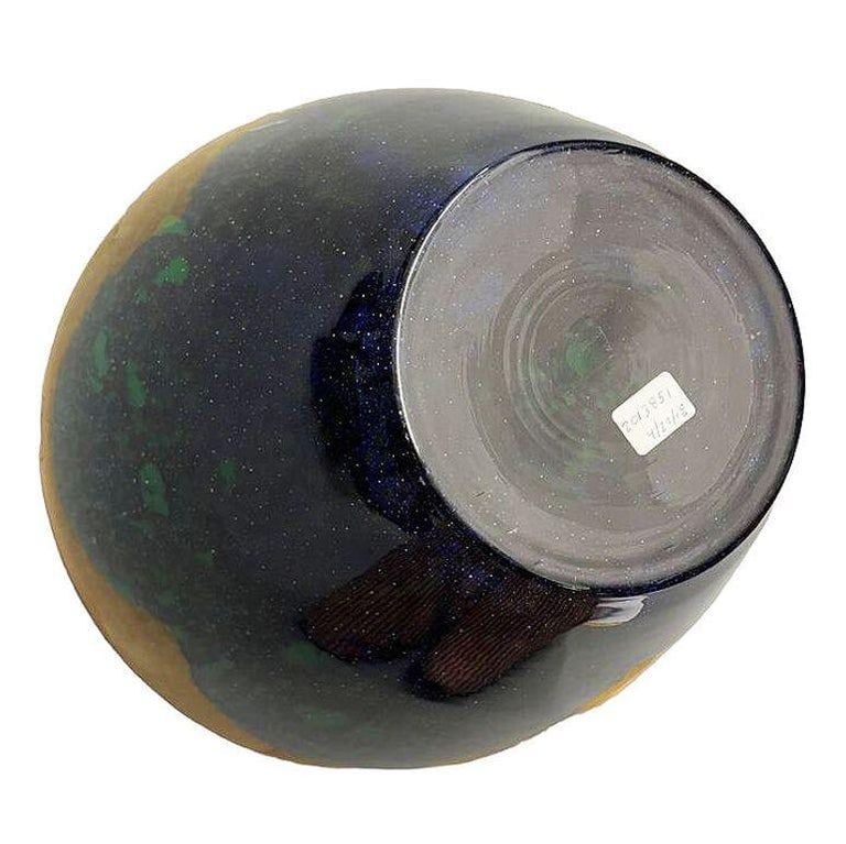 Large Hand-Blown Blue and Emerald Marbled Leaded Art Glass Vase, Unisgned - 6