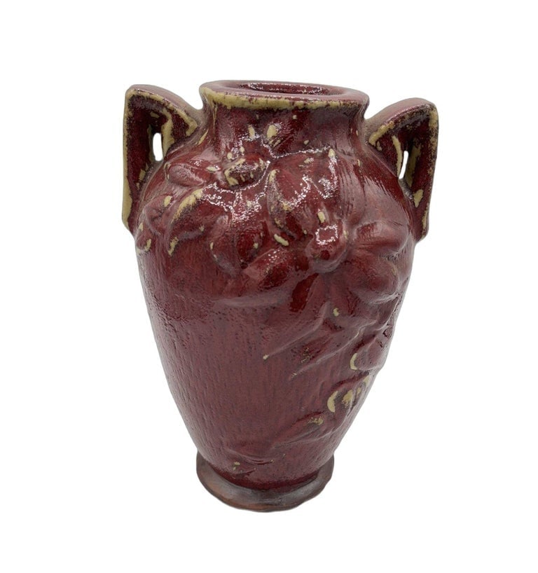 Red Art Pottery Vase with Dual Handles and Sculpted Floral Relief - 2