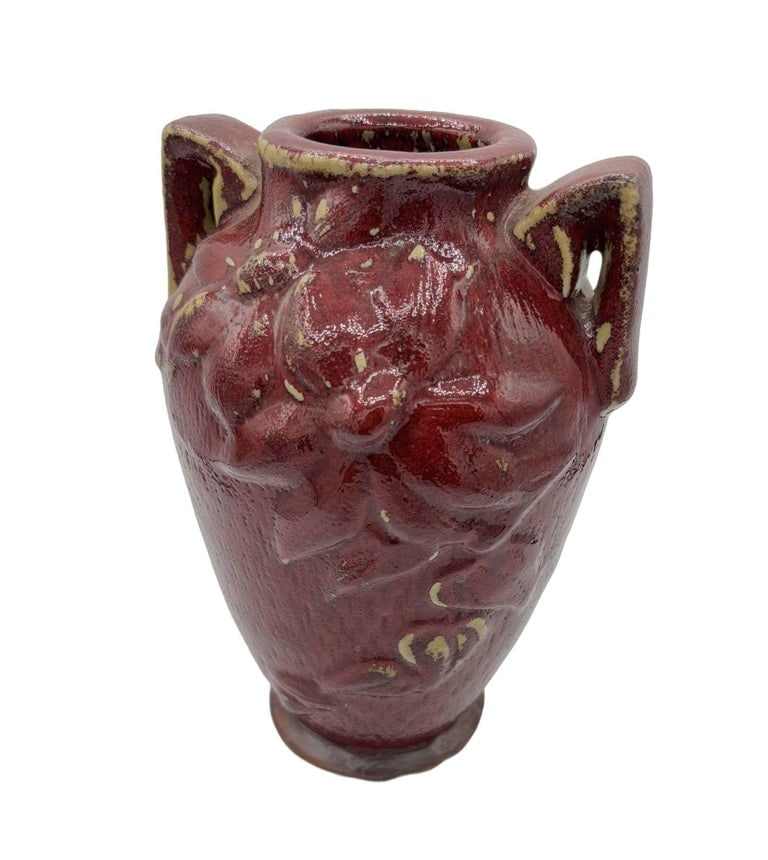 Red Art Pottery Vase with Dual Handles and Sculpted Floral Relief - 3