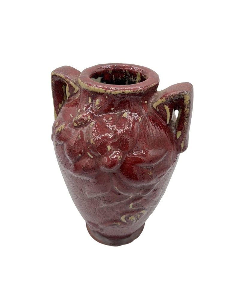 Red Art Pottery Vase with Dual Handles and Sculpted Floral Relief - 4