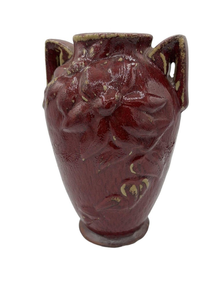 Red Art Pottery Vase with Dual Handles and Sculpted Floral Relief - 5