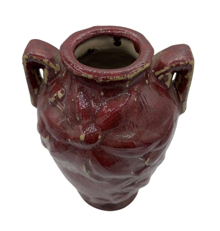Red Art Pottery Vase with Dual Handles and Sculpted Floral Relief - 7