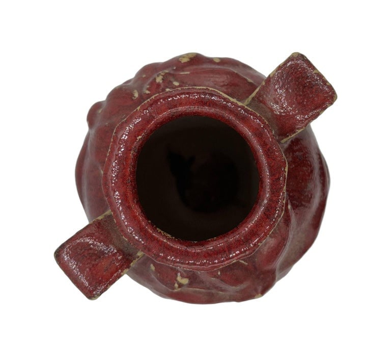 Red Art Pottery Vase with Dual Handles and Sculpted Floral Relief - 8