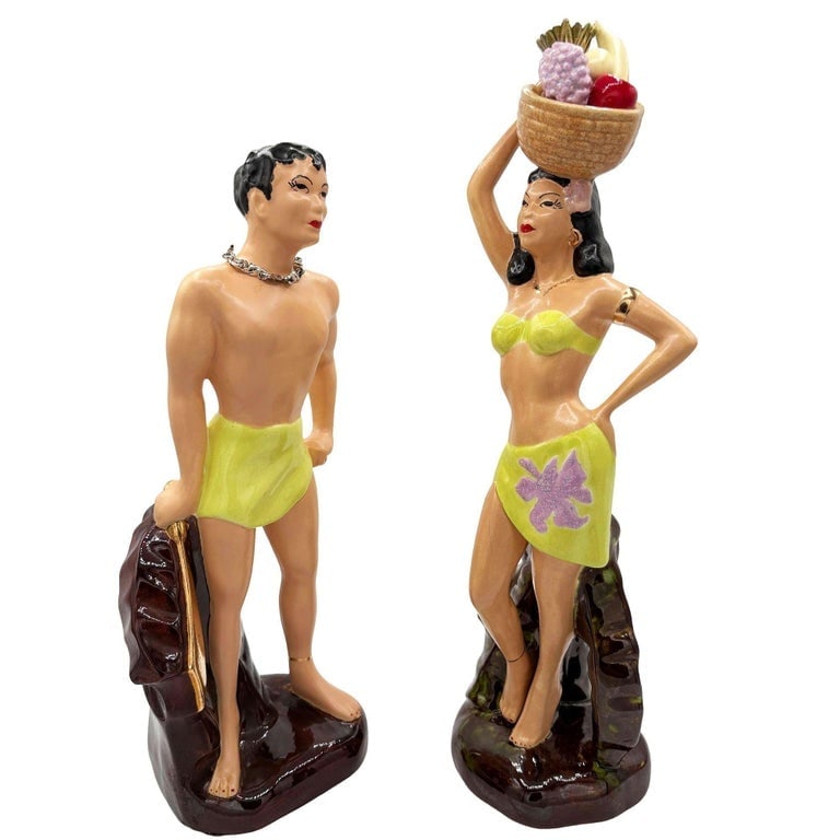Mid-Century Hand Painted Hawaiian Hula Girl and Male Surfer Ceramic Statue Set - 2