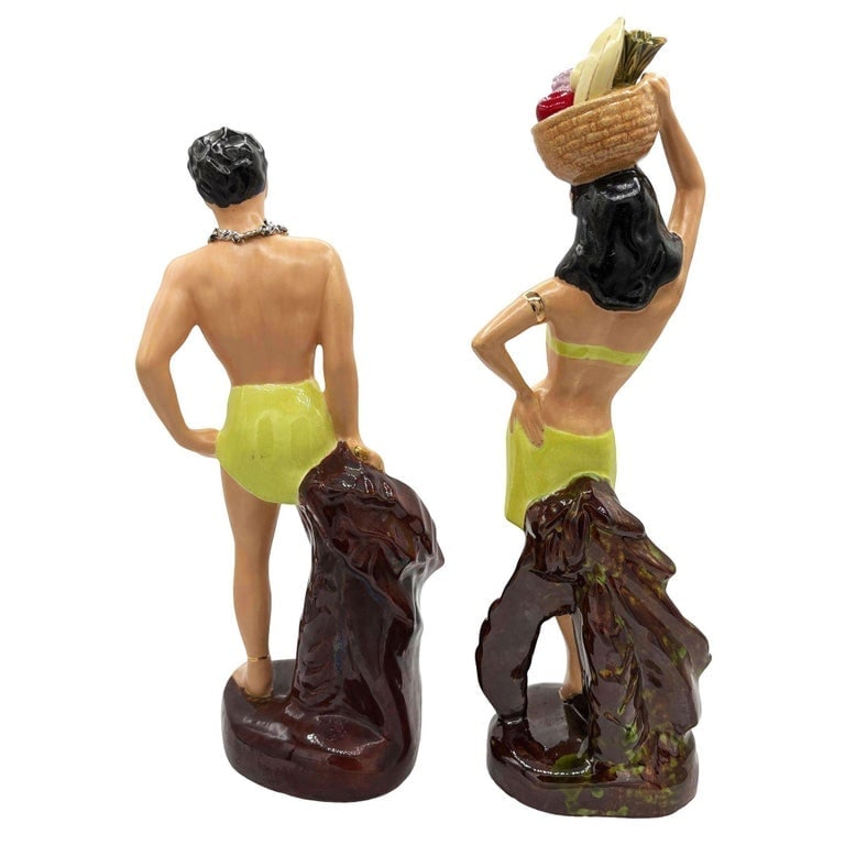 Mid-Century Hand Painted Hawaiian Hula Girl and Male Surfer Ceramic Statue Set - 3