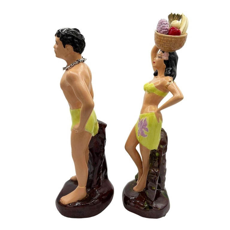 Mid-Century Hand Painted Hawaiian Hula Girl and Male Surfer Ceramic Statue Set - 4