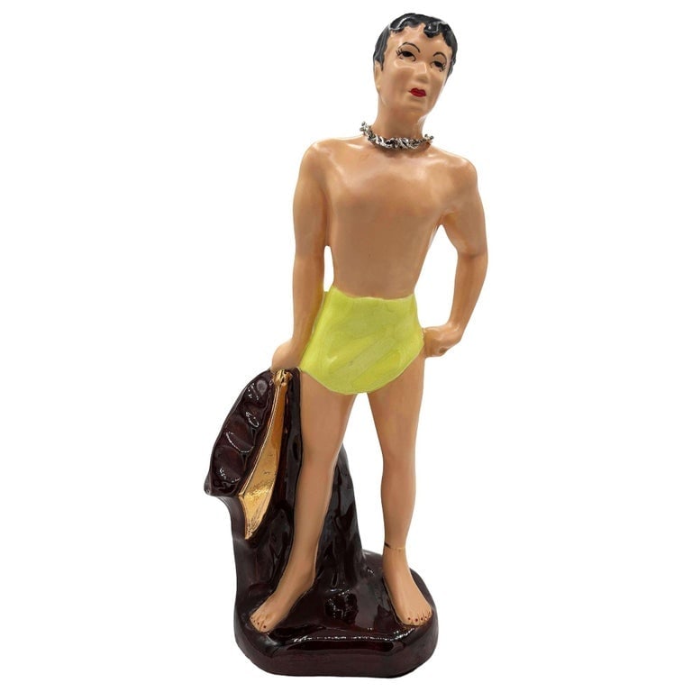 Mid-Century Hand Painted Hawaiian Hula Girl and Male Surfer Ceramic Statue Set - 5
