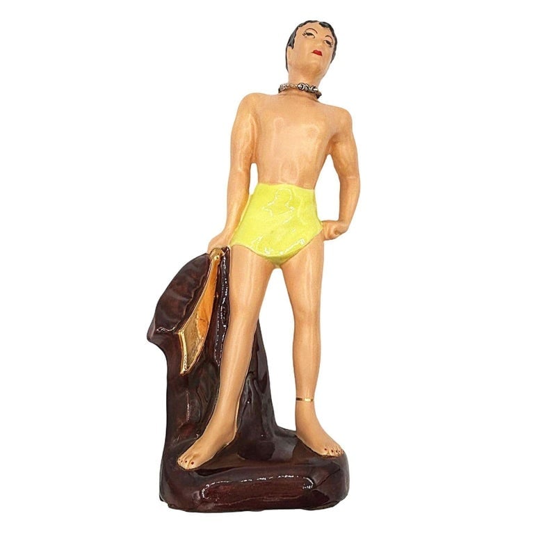 Mid-Century Hand Painted Hawaiian Hula Girl and Male Surfer Ceramic Statue Set - 6