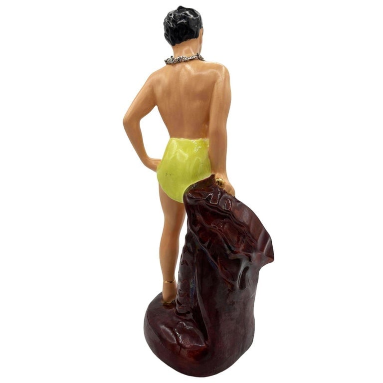 Mid-Century Hand Painted Hawaiian Hula Girl and Male Surfer Ceramic Statue Set - 8