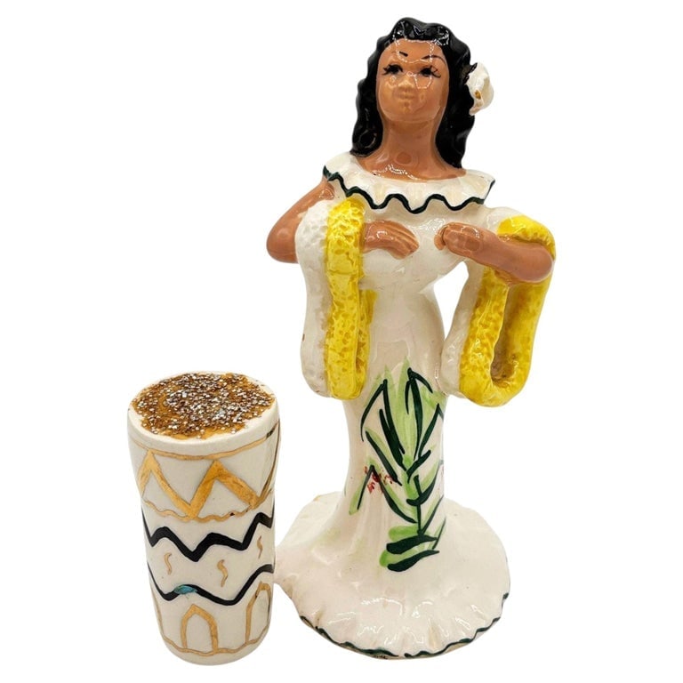 Mid-Century Hawaiian Hula Girl Lei Ceramic Figurine w/ Bongo (1 of 6)