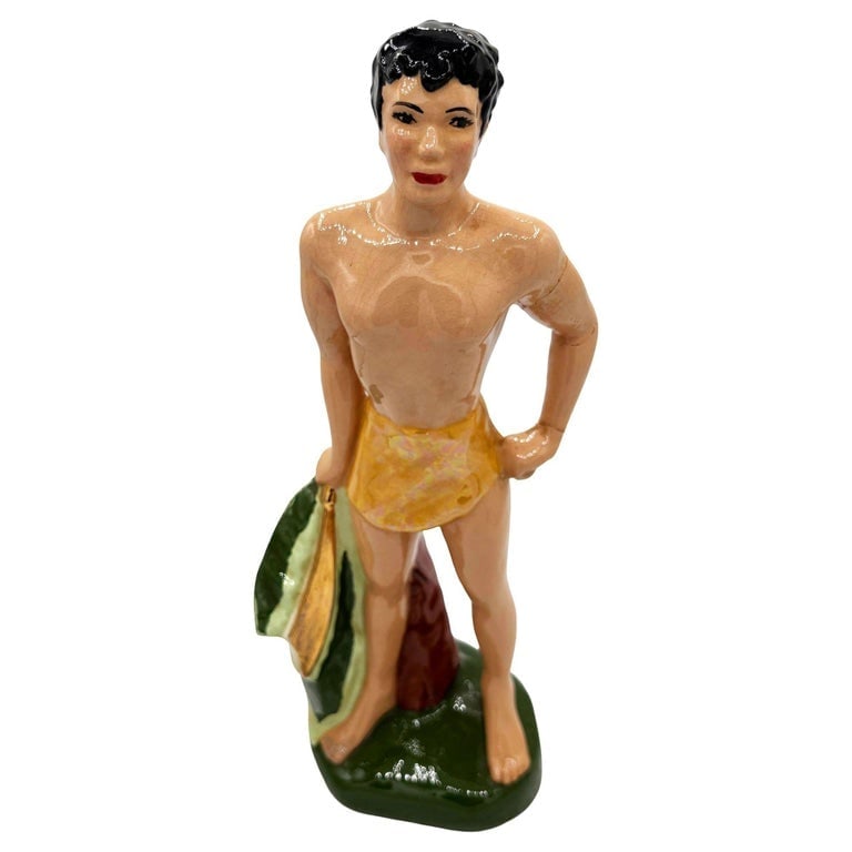 Mid-Century Hand Painted Native Surfer w/ Gold Machete Ceramic Sculpture - 2
