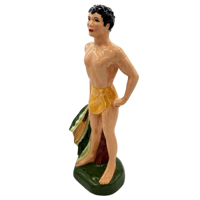 Mid-Century Hand Painted Native Surfer w/ Gold Machete Ceramic Sculpture - 3
