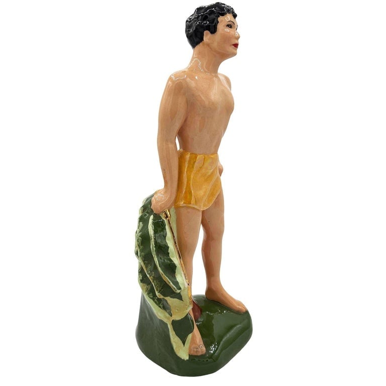 Mid-Century Hand Painted Native Surfer w/ Gold Machete Ceramic Sculpture - 4