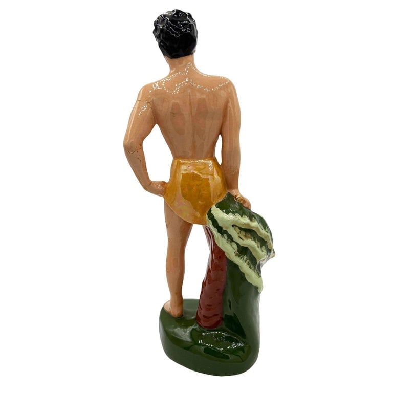 Mid-Century Hand Painted Native Surfer w/ Gold Machete Ceramic Sculpture - 5