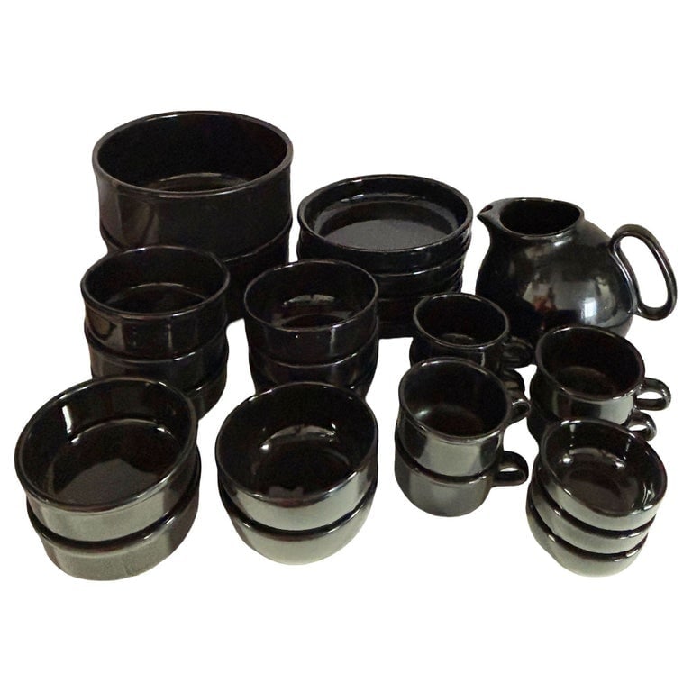 Neo Art Deco Black Bowl and Coffee Mug 26 Piece Serverware Set by Waechtersbach: 1970s Neo Art Deco 26-piece serve ware set featuring black bowls and coffee mugs by Waechtersbach, made in Spain. Marked: "Waechtersbach, Spain" -Measurements- 2 Serving Bowls - 4.75" x 8.75" x 8.75" 