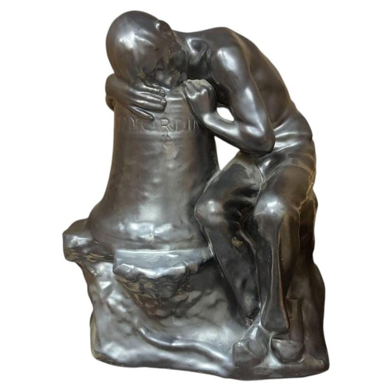 Italian "Pensatore Campana" The Tinker Auguste Rodin Style Terracotta Sculpture: Offered is a striking Art Deco period terracotta sculpture depicting a contemplative male figure seated beside and leaning against a large bell inscribed œConcordia.? The composition clearly draws
