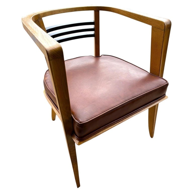 Early Art Deco Modern White Oak Armchair in the style Josef Hoffmann: An exceptional example of early 20th-century avant-garde Bauhaus inspired design, this barrel-back armchair showcases signature form, balance, and linear rhythm made famous by Josef Hoffmann. Perfectl