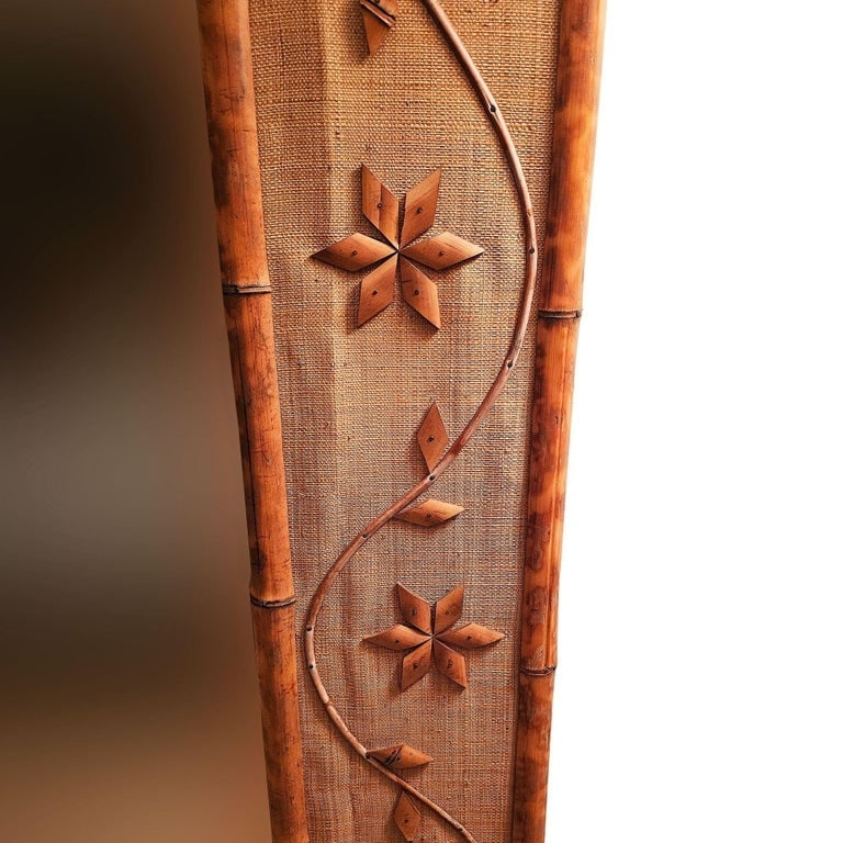 1960s Italian Coastal Carved Ornate Bamboo and Rice Mat Riviera Wall Mirror - 3