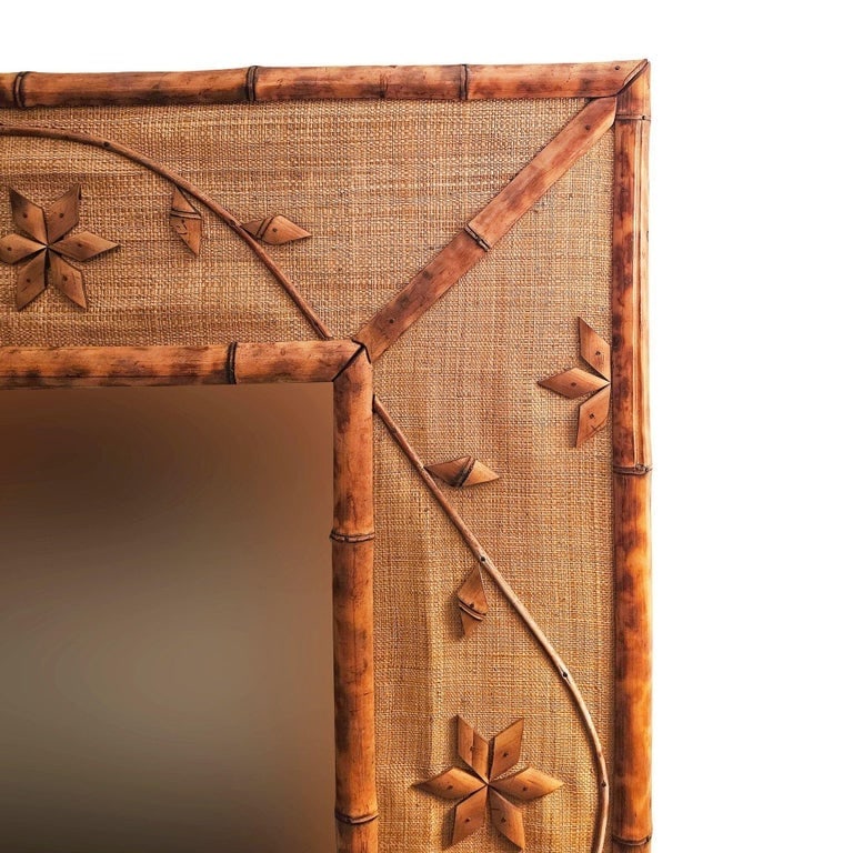 1960s Italian Coastal Carved Ornate Bamboo and Rice Mat Riviera Wall Mirror - 4