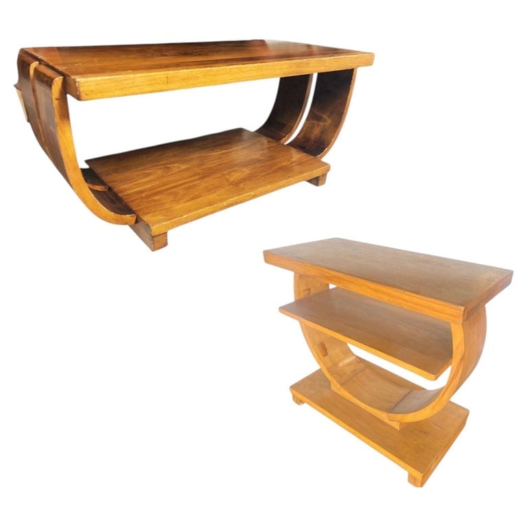 Blond Geometric Art Deco Side and Coffee Table by Gilbert Rohde for Brown Saltman: Blond, two-tier Art Deco Pearwood side table and Coffee Table, both designed by Gilbert Rohde for Brown Saltman Furniture company. This fantastic set has a profile with a great geometric round cantile