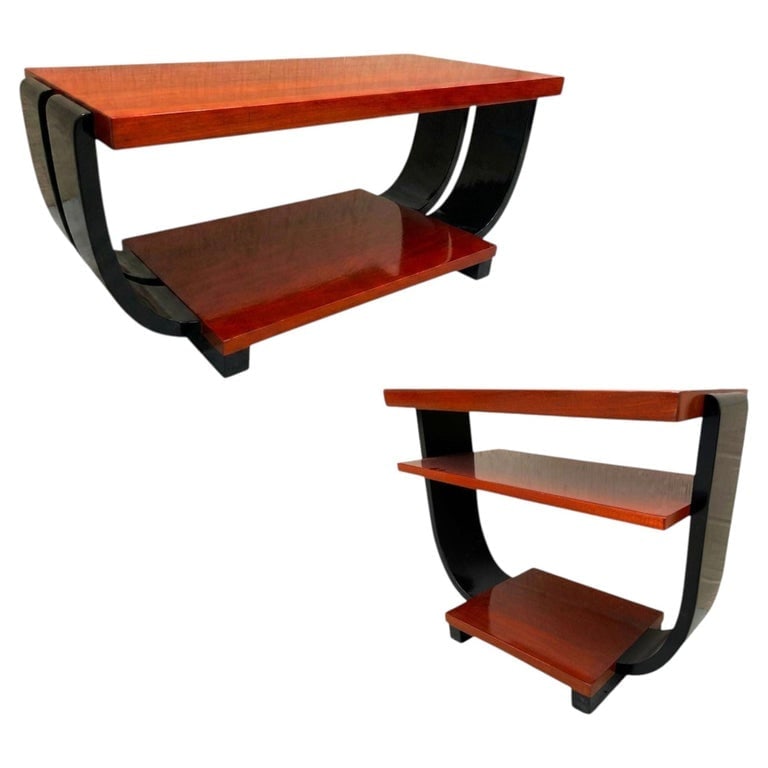 2-Tone Geometric Art Deco Side and Coffee Table by Gilbert Rohde for Brown Saltman: Two-tone, two-tier Art Deco Pearwood side table and coffee table, both designed by Gilbert Rohde for Brown Saltman Furniture company. This fantastic set has a profile with a great geometric round cant