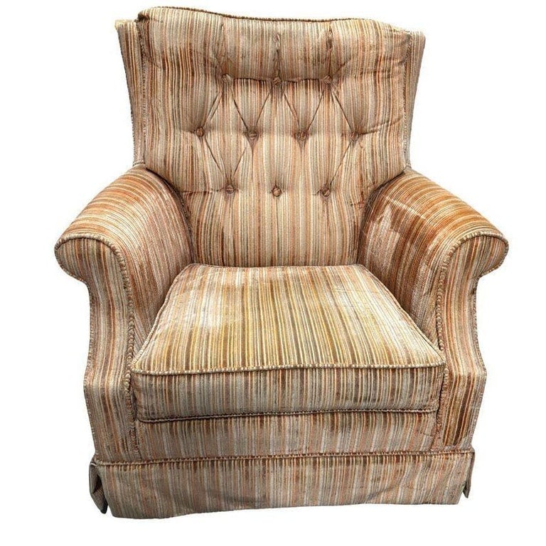 1970 Tuffted Velvet Gold Green Striped Swivel Arm Chair - 2
