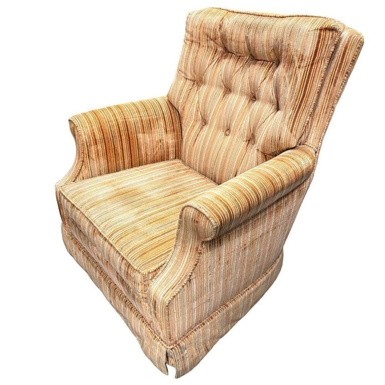 1970 Tuffted Velvet Gold Green Striped Swivel Arm Chair - 3