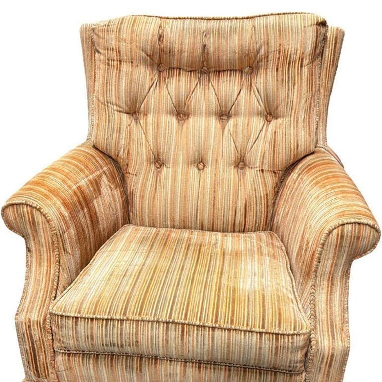 1970 Tuffted Velvet Gold Green Striped Swivel Arm Chair - 4