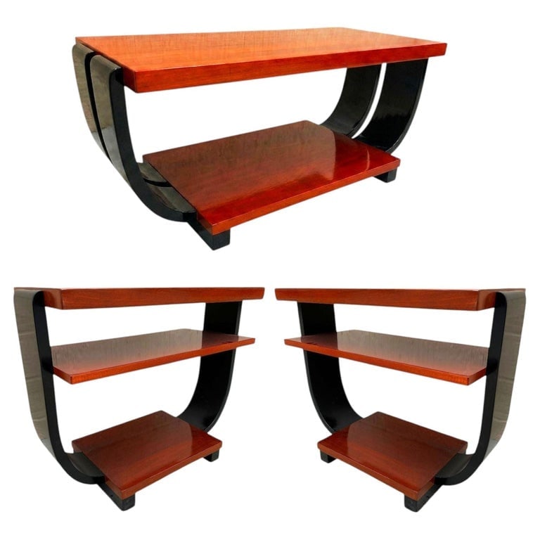 Two-Tone Art Deco Side and Coffee Tables Pair by Gilbert Rohde for Brown Saltman: Two-tone, two-tier Art Deco Pearwood side table pair and coffee table, both designed by Gilbert Rohde for Brown Saltman Furniture company. This fantastic set has a profile with a great geometric round