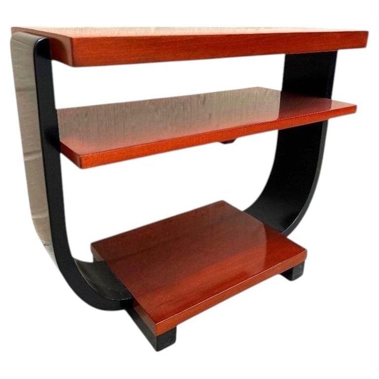 Two-Tone Geometric Art Deco Side Table by Gilbert Rohde for Brown Saltman: Two-tone, two-tier Art Deco Pearwood side table designed by Gilbert Rohde for Brown Saltman Furniture company. This fantastic side profile with a great geometric round cantilevered stacking table, and