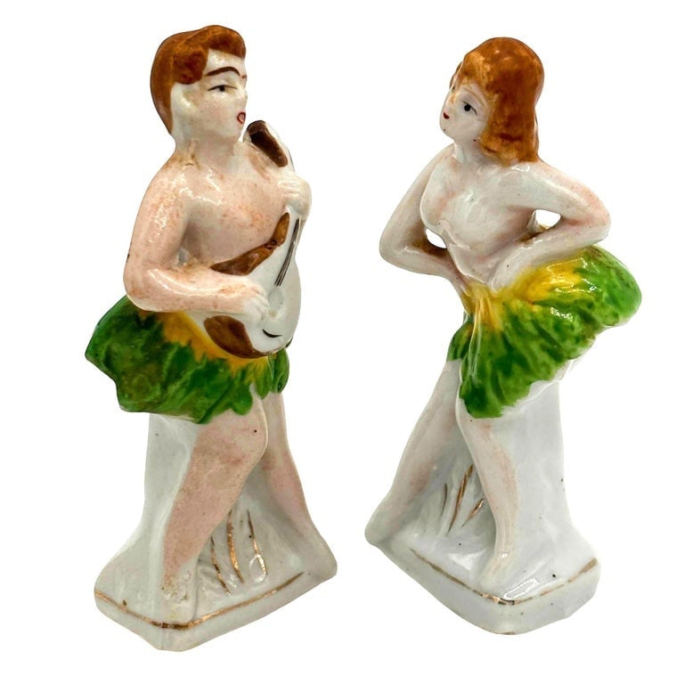 Hawaiian Hula Girl and Native Male Ceramic Statue Pair by Okada China - 2