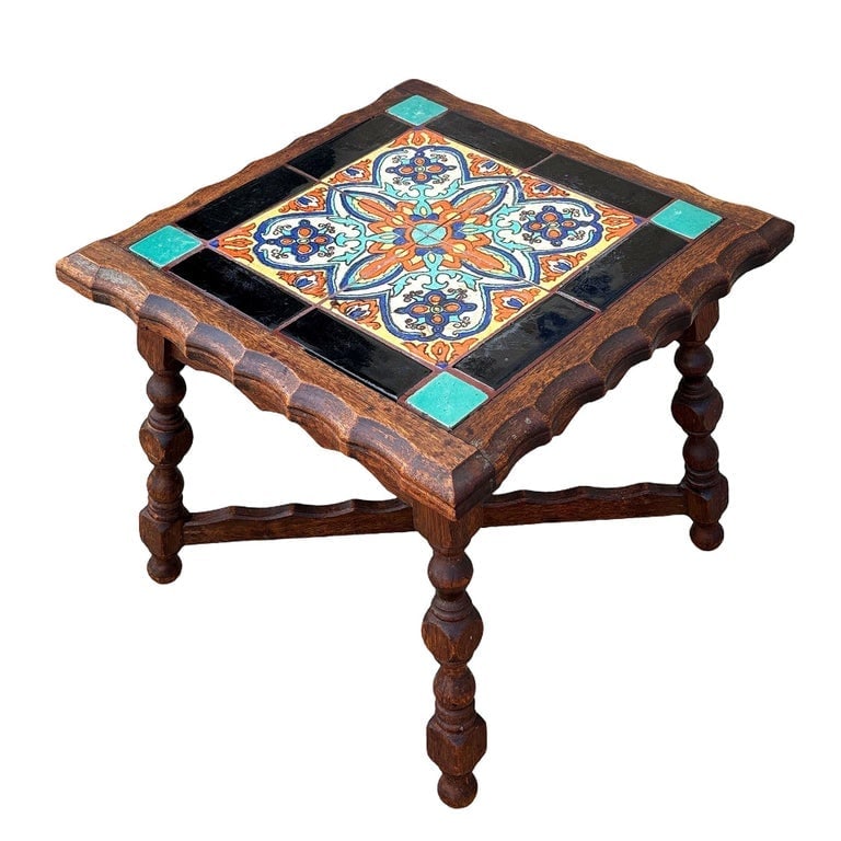 1930 Spanish Style Sculpted Dark Stained Mahogany Side Table w/ Taylor Tile-Top (1 of 7)