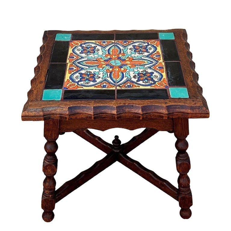 1930 Spanish Style Sculpted Dark Stained Mahogany Side Table w/ Taylor Tile-Top - 2