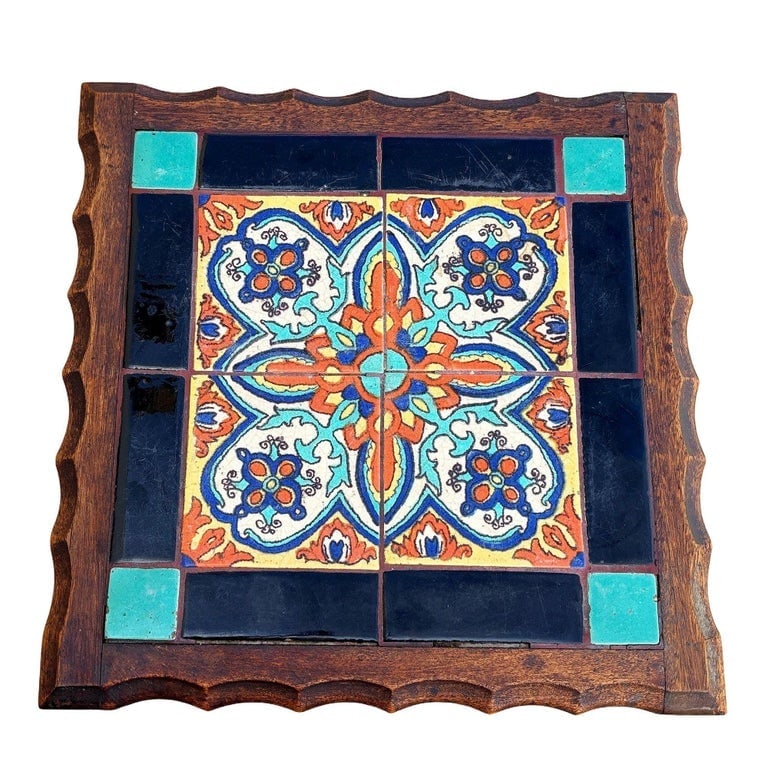 1930 Spanish Style Sculpted Dark Stained Mahogany Side Table w/ Taylor Tile-Top - 7